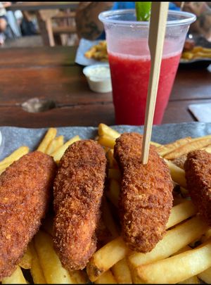 Fries and beyond meat nuggets   at GT's On the Beach in Port Stanley