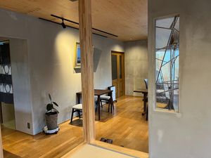 beautiful glass window inside the shop looking out from the tatami area at Youbisha - 養美舎 in Kuroishi