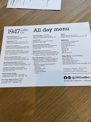 Menu  at 1947 Coffee Co in Enfield