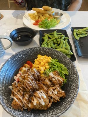 Karaage rice bowl, edamame, Omni fish and chips  at Niàn Cafe in Langkawi