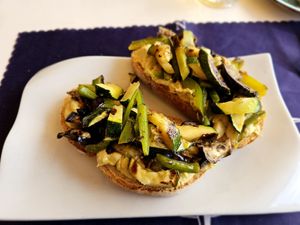 Hummus and vegetables bruschetta. at Soul Kitchen in Santa Maria