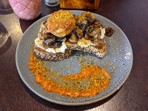 Mushrooms on toast at Plus 91 Cafe in Hamilton