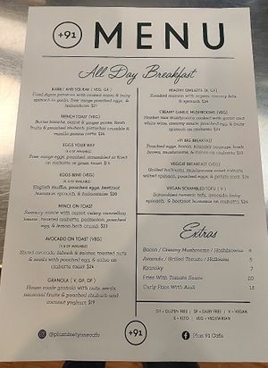 Menu June 2024 at Plus 91 Cafe in Hamilton