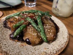Nasu Gomaae - crispy miso eggplant with green beans   at Muku Ramen Bar in Belconnen