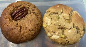 Pecan/maple cookie (not so much flavour) and pistachio/white choco cookie (good). at Saint-Jean Deli in Amsterdam
