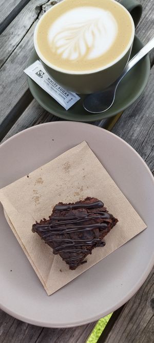 Vegan brownie plus oat milk latte. Couldn't resist trying the brownie as I waited for my coffee 😋 at The Beehive in Portland