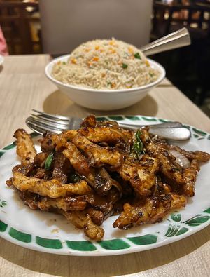 Front: Veg Shaolin Sticks appetizer, Back: Veg fried rice (no egg)   at China Pearl in Bangalore