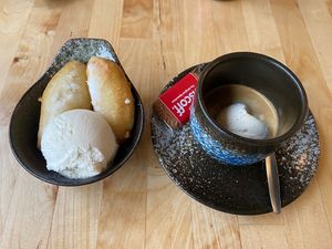 Desserts. On the left vanilla ice cream with fried banana and on the right the affogato  at NORI | Vegan Sushi - Wok in Rotterdam