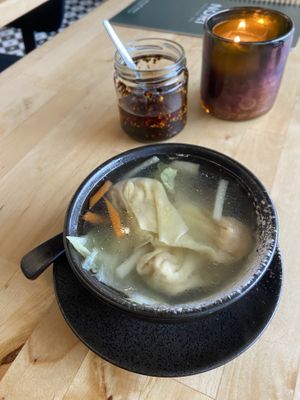 Wonton soup (very tasty) and homemade crispy chili oil (quite good, with sesame)  at NORI | Vegan Sushi - Wok in Rotterdam