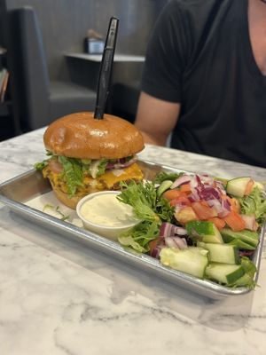 Chicken sandwich with a side of salad at Brick City Vegan in Montclair