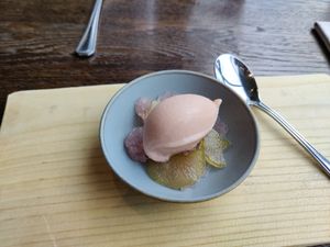 Pre-dessert: rhubarb sorbet or ice cream with some other rhubarb sweets at Sky Kitchen & View  in Rovaniemi