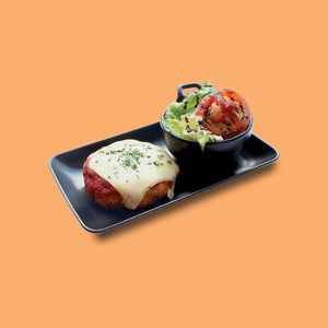 Vegan Parmigiana (breaded vegan meat, vegan cheese, san marzano tomato sauce, side of salad) at SQUAREAT in Miami Beach