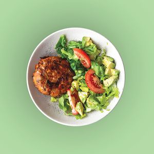 Vegan Salad (vegan burger, lettuce, tomatoes, avocado) at SQUAREAT in Miami Beach