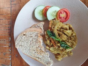 Meet your soymate (indian spiced scrambled tofu w/sauteed veggies w/homemade toast) 60k rp at Barefoot Blondie in 