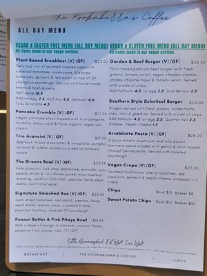 Beware - the separate 'vegan' menu has options to add egg and cheese at The Kookaburra's Coffee in Mandurah