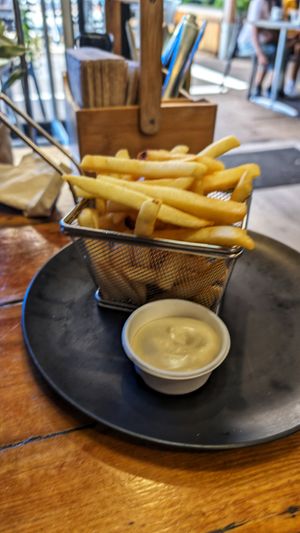 Piping hot chips with mayonnaise at The Kookaburra's Coffee in Mandurah