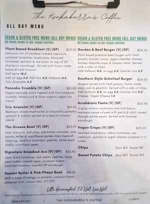 Menu as at Tuesday 23 January 2023 at The Kookaburra's Coffee in Mandurah