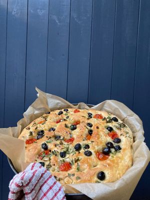 Olive and Tomato Focaccia! at Feast Cafe in Kirkcudbright