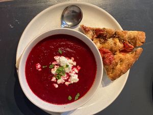 Beetroot Soup, served with Tomato and Za'tar topped Focaccia! at Feast Cafe in Kirkcudbright