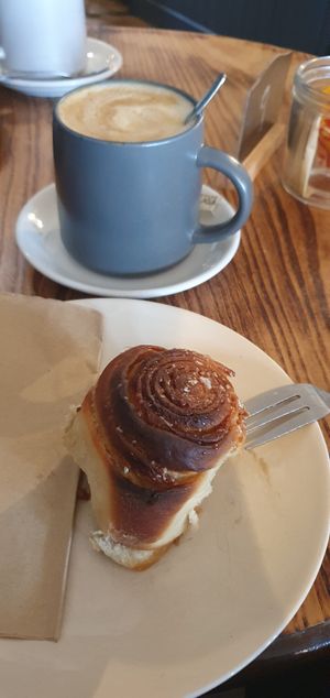 Cinnamon Buns & Oat milk latte at Feast Cafe in Kirkcudbright