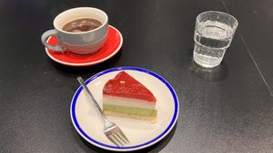 Matcha and strawberry cake  at KIRAS - PC Europa in Vilnius