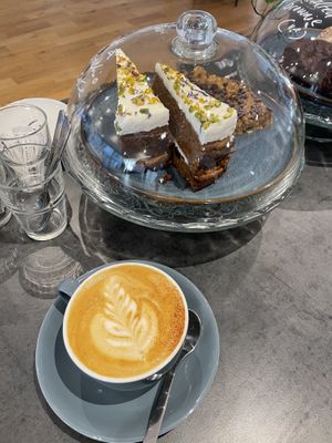 oat, dirty chai latte, carrot cake, salted brownie & mocha cake   at The Towpath Cafe in Edinburgh