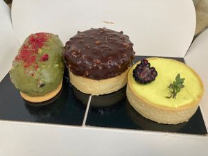 Pistachio and raspberry semifreddo, hazelnut semifreddo, lemon tart  at Julietta Pastry and Lab in Rome