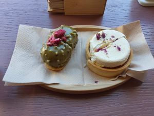 Pistachio semifreddo (left) and alpricot and rosemary (right) at Julietta Pastry and Lab in Rome