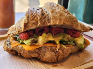 'salad croissant' with avocado, raspberries, and 'salmon' at Julietta Pastry and Lab in Rome
