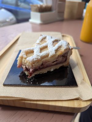 Raspberry, lemon, almond and ricotta tart at Julietta Pastry and Lab in Rome