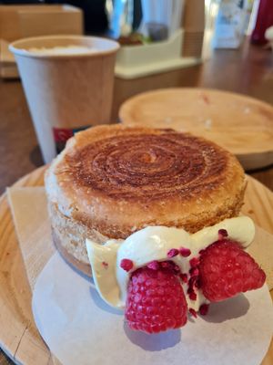 NY roll and cappuccino with oat milk at Julietta Pastry and Lab in Rome