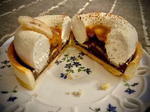 Banoffee pie, cut in half at Julietta Pastry and Lab in Rome