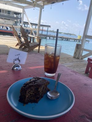 Banana bread and iced americano  at Pink Flamingo in Utila