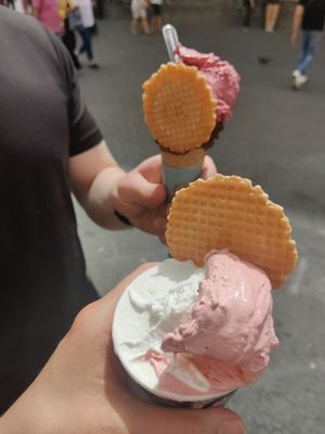 Strawberry and lemon cup, chocolate and mulberry cone at Don Peppinu  in Catania