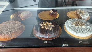 Cakes on display at Herbívoro - La Felicidad  in Bogota