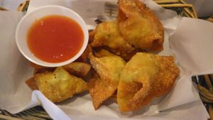 Wantans and chili dip at Veggie Cottage in Central Singapore