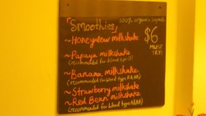 Smoothies menu at Veggie Cottage in Central Singapore