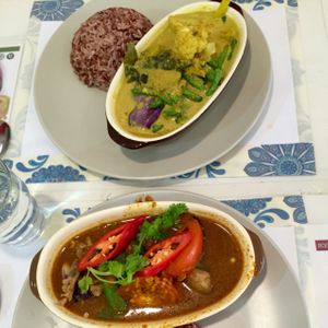 green curry and assam fish  at Veggie Cottage in Central Singapore