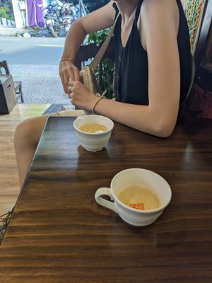 Tea offered at Bánh mì Chay Metta in Ho Chi Minh City