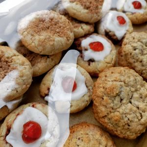 Cookies: apple crumble, cherry Bakewell and butter pecan oatmeal at The Mann's Vegan Scran  in Norton