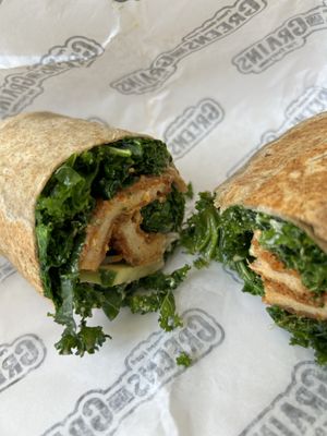 Fried “chickn” Caesar is probably not the healthiest thing on menu but it came with kale😁 and it was tasty   at Greens and Grains  in Wall