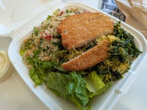 Salad with kale/broccoli, quinoa, and chik'n. at Greens and Grains  in Wall
