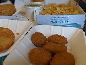 These Vegan Nuggets go great with curry sauce at Fred's Fish and Chips in Littlehampton