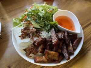 “roast pork” with rice noodle sheets.  at Van Hanh Restaurant in Portland