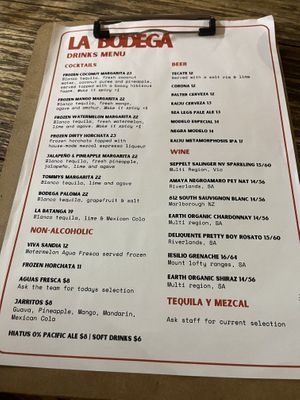 Drinks menu   at La Bodega in East Brisbane