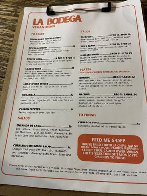Vegan menu   at La Bodega in East Brisbane