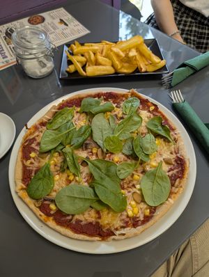 Vegan pizza and potato wedges at Be Free in Goedoello
