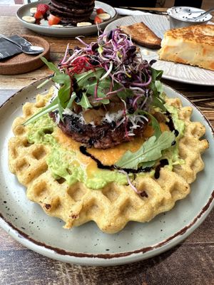 Gluten-free savoury waffle with beyond meat burger (vegan) at Berguna Gluten Free in Valencia