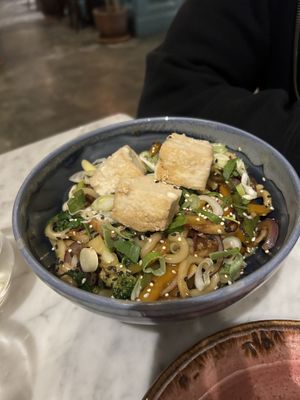 Udon noodle dish with added tofu   at Ayu in Gzira