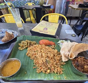 Vegetable biryani and vegan chikn, samosas  at Rani in Batu Caves